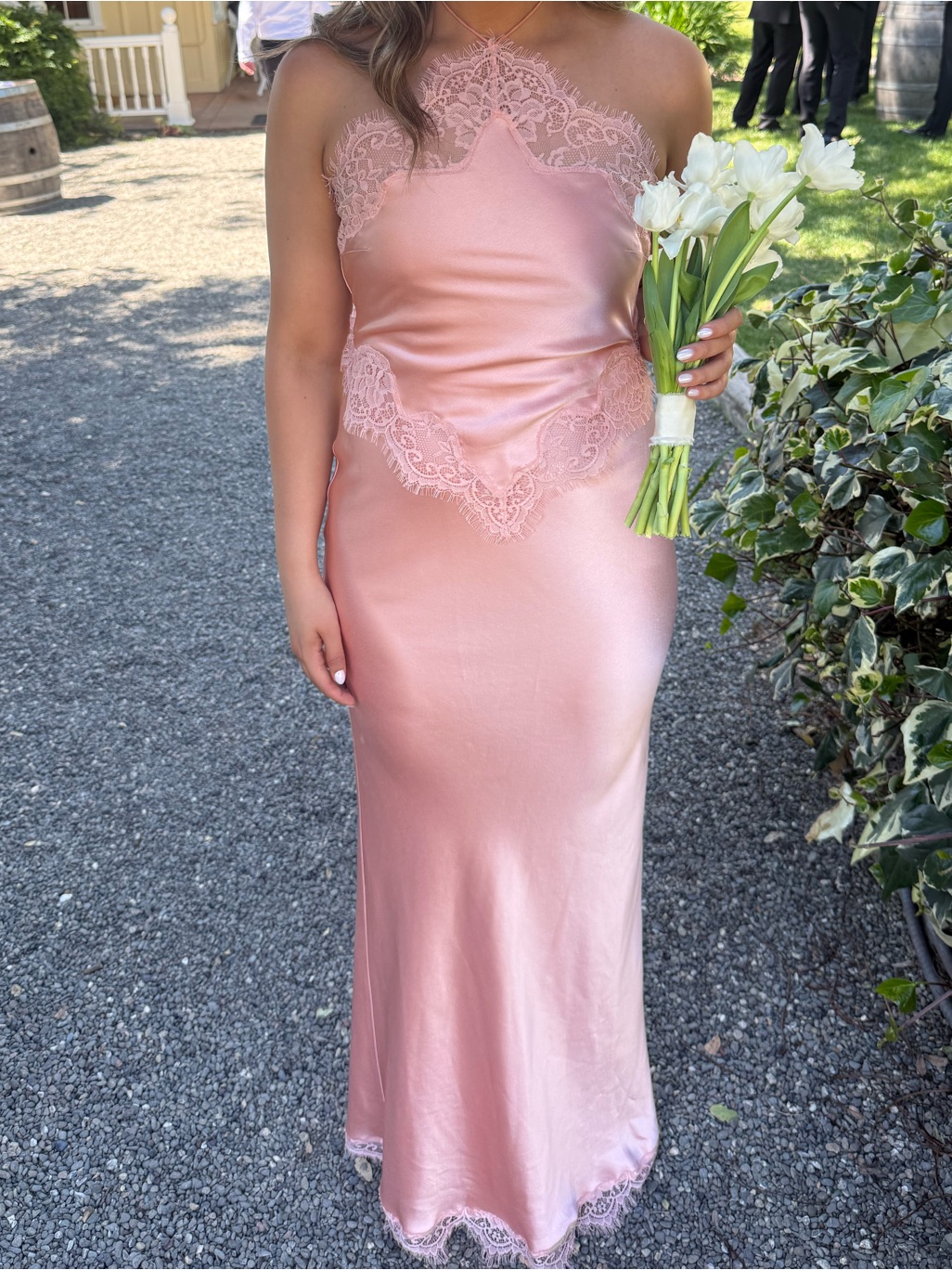 Retrofete Blush Pink Satin Lace-Trim Slip Gown